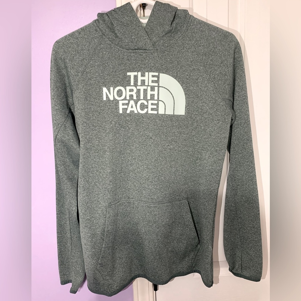 North Face, size small, grayish mint hoodie with thumb hole.